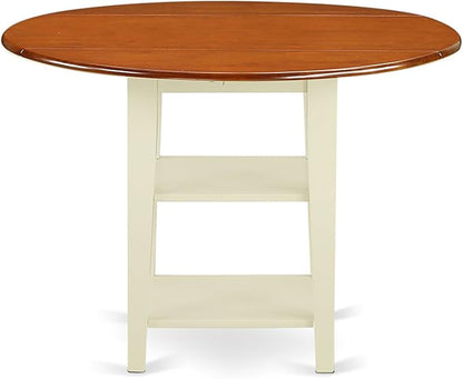 East West Furniture SUPL5-BMK-W 5 Piece Dining Room Table Set Includes a Round Kitchen Table with Dropleaf & Shelves and 4 Dining Chairs, 42x42 Inch, Buttermilk & Cherry