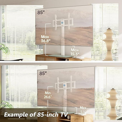FITUEYES Universal TV Stand, Swivel TV Table Stand for 43 50-65 70 75 80 85Inch Flat Screen, Table Top TV Stand Base Replacement, Height Adjustable TV Mount Stand, Glass Base, Max Holds 110lbs
