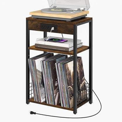 LELELINKY 3 Tier End Table with Charging Station, Brown Record Player Stand with Storage Up to 100 Albums Brown, Night Stand with USB Port, Nightstand for Small Spaces