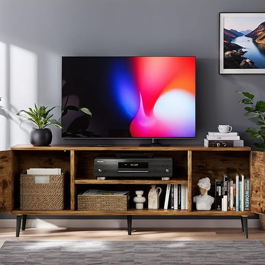 YESHOMY Modern TV Stand for 65" Television, Entertainment Center with Two Storage Cabinets and Open Shelves, Retro Style Media Console for Living Room, Bedroom, Office, 58 Inch, Rustic Brown