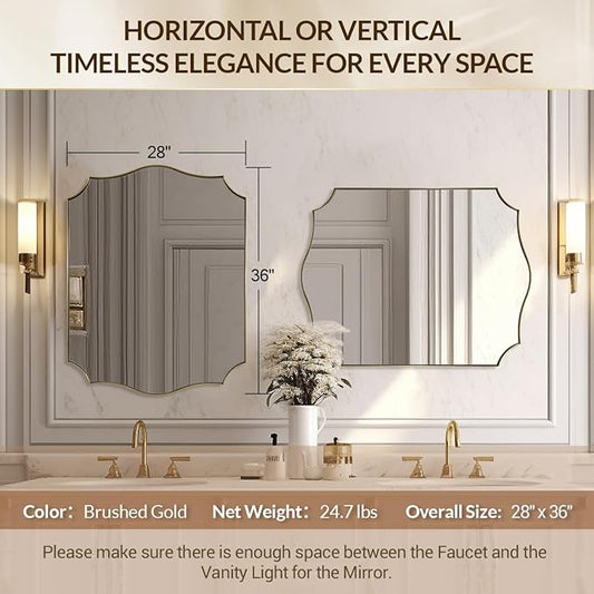 28x36 Inch Gold Scalloped Mirror, Bathroom Vanity Mirror with Stainless Steel Metal Frame, Anti-Rust, Shatterproof HD Glass, Unique Irregular Mirror for Bathroom, Bedroom, Living Room