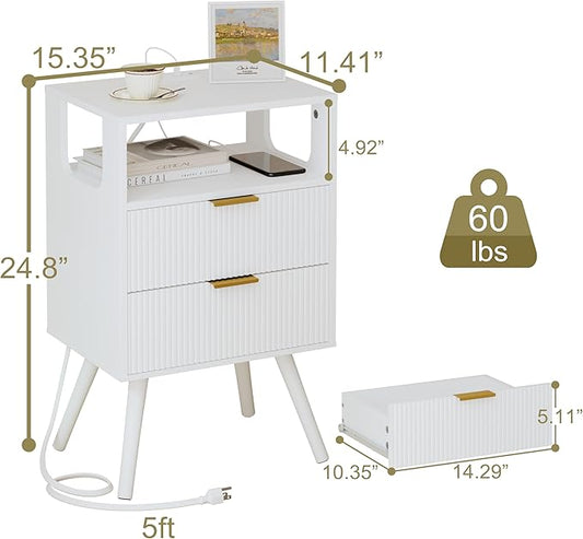 White Nightstand with Charging Station and LED Lights,Modern Bedside Table with 2 Storage Drawer and Open Wood Shelf, for Bedroom and Small Spaces,Night Stand with Solid Wood Legs,White