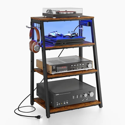 4-Tier AV Media Stand with Power Strips, Heavy Duty Stereo Cabinet Stand with LED Lights, Wooden Record Player Stand with 2 Hooks, Audio Stand Furniture Perfect for DVD Player/Game Console/TV Box/Xbox