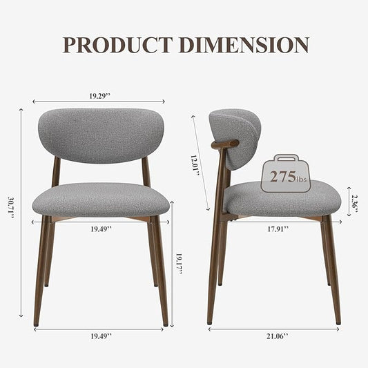 Dining Chairs Set of 2, Ergonomic Fabric Upholstered Seating with Wood Look Metal Legs and Anti Slip Pads, for Home and Restaurant Use, Light Grey