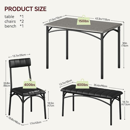 Dining Table Set for 4, Small Dining Table Set with Upholstered Bench and 2 Chairs, Kitchen Table and Chairs for 4, for Small Space, Apartment, Dinner, Rustic Gray