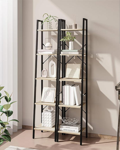 Ladder Shelf, Bookshelf Bookcase, Freestanding Corner Storage Shelve with 2 Hooks for Home Office, Living Room, Kitchen, Bedroom, Industrial, 5-Tier Greige BC03205B