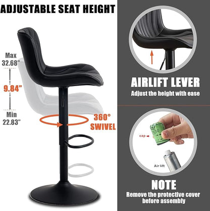 YOUNIKE 3 Black Bar Stools Modern Swivel Counter Height Bar Chair with Back Adjustable Kitchen Island Faux Leather Padded Barstools taburetes de bar Breakfast sillas para barra de cocina 3PCS