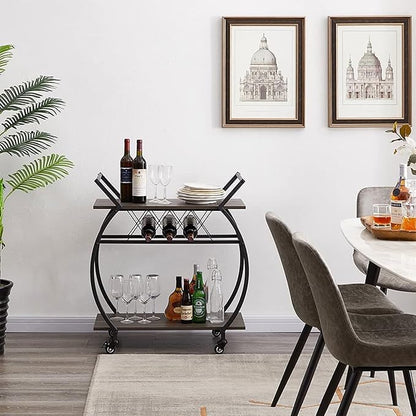 LVB Bar Cart with Wine Rack, 2 Tier Kitchen Cart on Wheels, Industrial Wood and Metal Portable Coffee Cart Table for Home, Rustic Modern Mobile Rustic Rolling Serving Cart with Shelves, Dark Oak