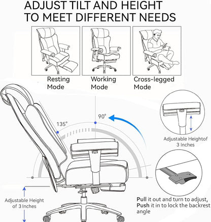 Efomao Ergonomic Office Chair 450LBS with Foot Rest, High Back PU Leather Big and Tall Executive Chair with Adjustable Padded Armrests, Lumbar Support for Home or Work, Heavy Duty Computer Chair, Blue
