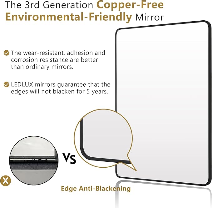 30"x30" Bathroom Wall Mirror with Matte Black Metal Frame & HD Glass, Copper-Free Mirrors Modern Rectangle Round Corner Framed Vanity Mirror - Horizontal or Vertical Installation