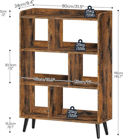 HOOBRO 6 Cube Bookshelf, 4 Tier Bookcase with Legs, Mid-Century Modern Bookshelves, Large Open Storage Shelf, Wooden Book Case for Living Room, Bedroom, Office, Kitchen, Rustic Brown FG116SJ01