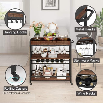 BON AUGURE Bar Cart for The Home, Rolling Home Bar Serving Cart on Wheels, 3 Tier Liquor Beverage Carts with Wine Rack and Glass Holder (Rustic Oak)