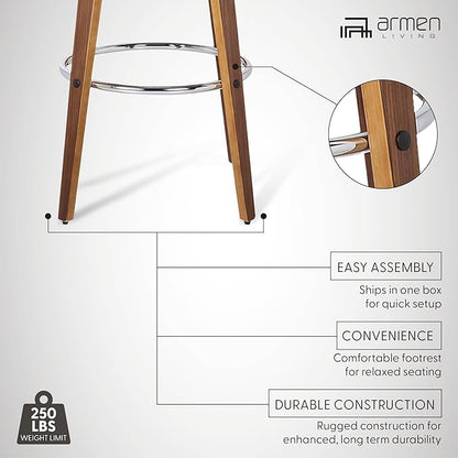 Armen Living Shelly 30" Bar Height Swivel Brown Faux Leather and Walnut Wood Bar Stool - Set of 2