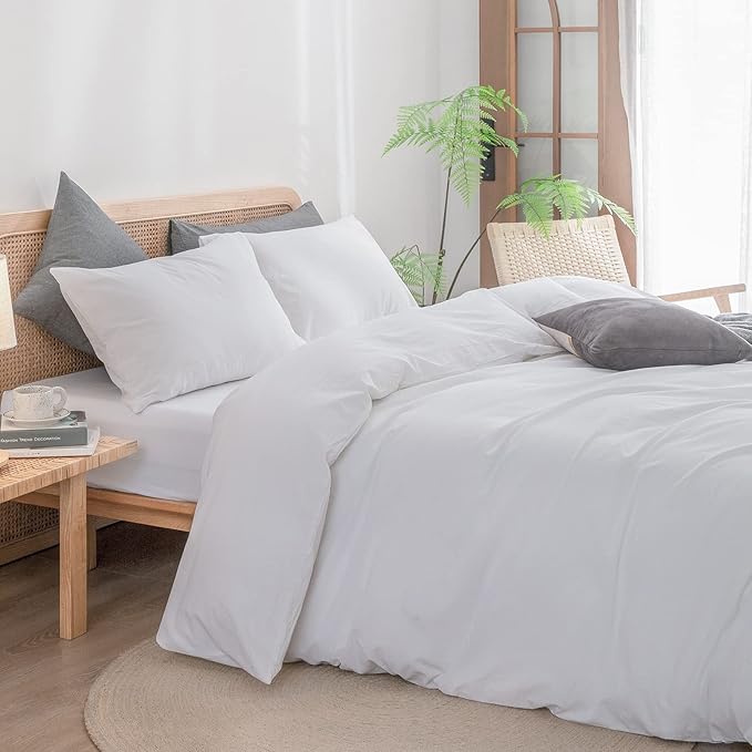 BESTOUCH Duvet Cover Set 100% Washed Cotton Linen Feel Super Soft Comfortable Chic Lightweight 3 PCs Home Bedding Set Solid Bright White Oversized Queen