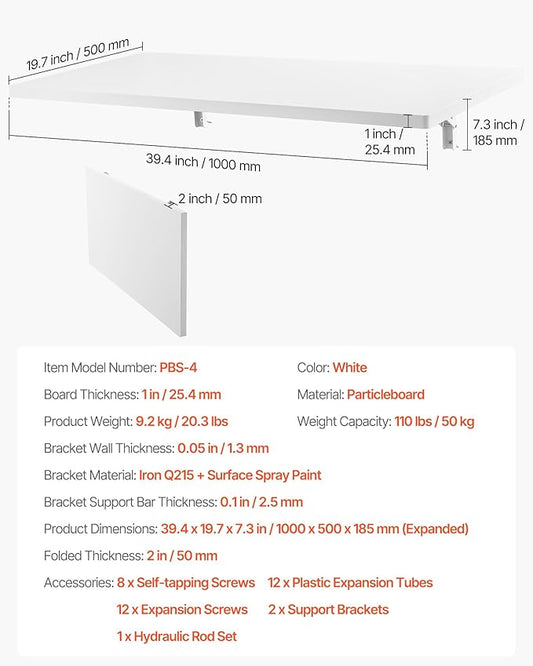 VEVOR Wall Mounted Folding Table, 39.4 x 19.7 inches Wall Mount Table, Floating Desk with Iron Bracket for Small Spaces, Home Office, Dining, Laundry Room, Kitchen, Bar, White