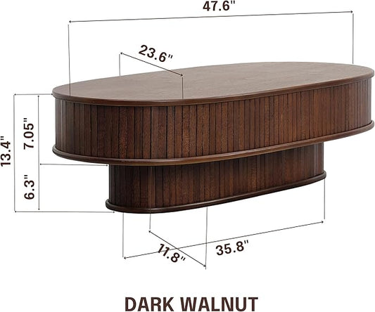 NTC Stream DOU Coffee Table, Modern Double-Layer Oval Wooden Center Table with Vertical Groove Design, Stylish Living Room Decor, Contemporary Minimalist Style, Easy Assembly - Dark Walnut