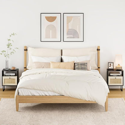 Rattan Nightstand, Boho Night Stand Farmhouse Wood Bedside Table with Storage and Open Shelf, End Side Accent Table for Bedroom,Living Room,Black and Oak