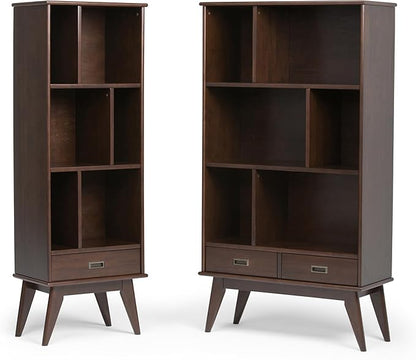 SIMPLIHOME Draper Bookcase - 64 inch Tall Solid Hardwood Wide Storage Bookshelf in Medium Auburn Brown, Mid-Century Modern Storage for Living Room or Office with Adjustable Shelves and Tapered Legs