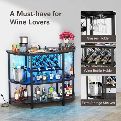 Zarler Bar Cart with Power Outlet Easy to Assemble, LED Home Bar Cabinet for Liquor, 47.3" L x 15.8" D x 36" H Metal Mini Bar Table with 4-Tier Storage, Black