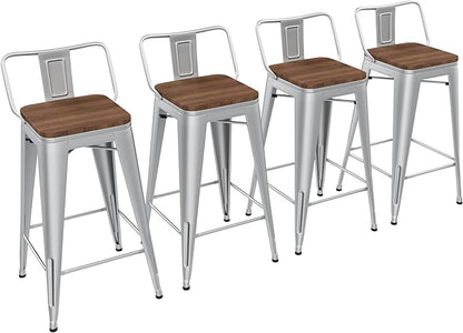 Yongchuang 26" Metal Barstools Set of 4 Low Back Bar Stool Counter Height Bar Stools with Wooden Top Silver
