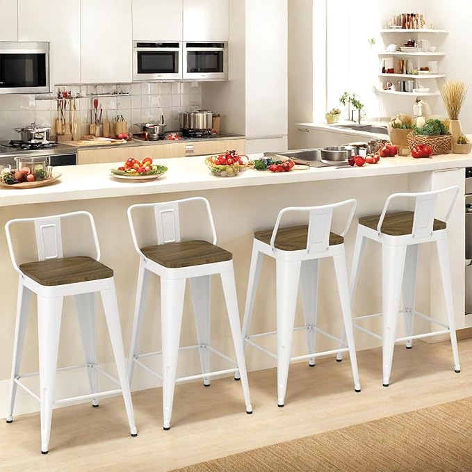 White Bar Stools Set of 4, Metal Bar Stools with Wooden Seat, Modern 24”Counter Height Barstools with Low Back