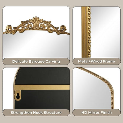 Gold Antique Mirror 40” x 30”, Large Ornate Mantel Mirrors with Arch Frame, Vintage Mirror Over Fireplace, Decorate Gold Beaded Frame for Living Room/Entryway/Dresser