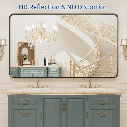 WEER 50X30 Inch Black Metal Framed Bathroom Mirror, Black Bathroom Vanity Mirror Farmhouse, Rounded Rectangular Matte Black Wall Mirrors, Tempered Glass, Anti-Rust (Horizontal/Vertical)