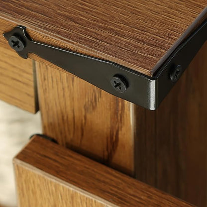 Farmhouse End Table, 24" Large End Tables with Storage, Rustic Square Sofa Beside Table with Glass Barn Door, Wood Side Table Square Nightstand for Living Room, Bedroom, Office (Vintage Brown)
