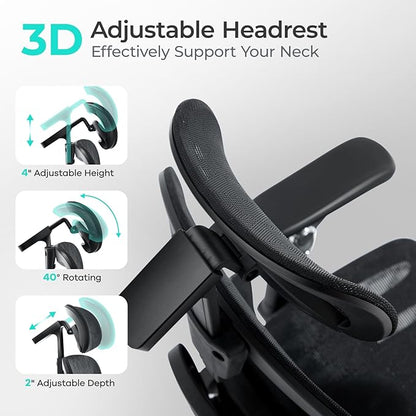Ergonomic Office Chair with 9D Arms,Adjustable Seat Depth,3D Lumbar Support,135° Recline,3D Headrest & Footrest,Mesh Computer Desk Chair - Ultimate Comfort for Home & Executive Office Black