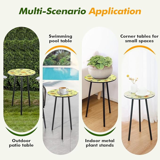 2 Packs Metal Mosaic Round Side Table 13.2" Small Outdoor Patio Round Accent Coffee Tables Indoor Corner Stand for Small Spaces Weather-Resistant for Balcony Plant Stand, Yellow Bee