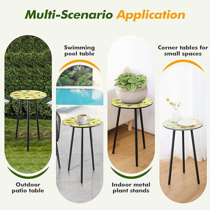 2 Packs Metal Mosaic Round Side Table 13.2" Small Outdoor Patio Round Accent Coffee Tables Indoor Corner Stand for Small Spaces Weather-Resistant for Balcony Plant Stand, Yellow Bee