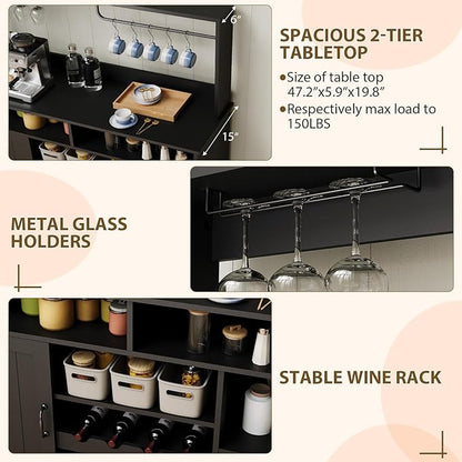 47" Farmhouse Buffet Sideboard Cabinet with Power Outlets Coffee Bar Cabinet with Storage, Large Buffet Storage Cabinet Table with Wine Racks, Goblet Holder, Hooks for Kitchen, Dining Room, Black