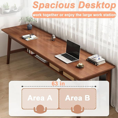 Solid Wood Desk, 63' Mid-Century Modern, Writing Desk, Home Office Workstation