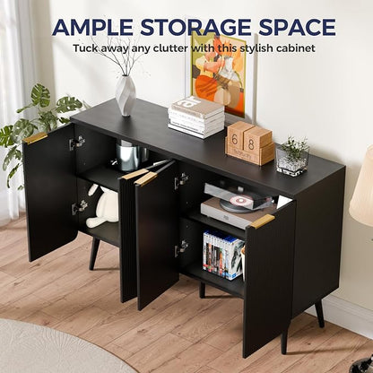 47.2" Buffet Cabinet with 4 Doors, Accent Sideboard Cabinet with Adjustable Shelf, Dining Room Sideboard with Waveform Panel, Credenzas for Living Room, Hallway, Black