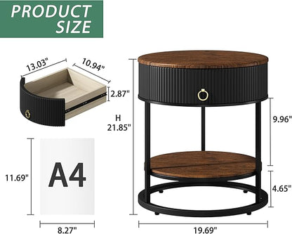 OIOG Round End Table with Drawer, Modern Wood Grain Side Table with Shelf, 2-Tier Nightstand with Drawer for Living Room, Bedroom, Rustic Brown and Black