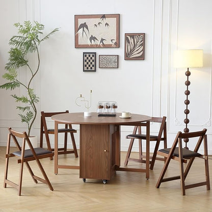 Walnut Round Folding Dining Table with 2 Chairs, Walnut Solid Wood Folding Chair Set of 2, Space Saving Foldable Dining Table with 2 Chairs