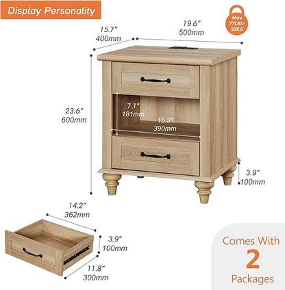WAMPAT Set of 2 Oak Nightstands Side Tables with Charging Station, Farmhouse End Table with 2 Drawers & Shelf for Living Room, Light Wood Night Stand Bedside Table for Bedroom