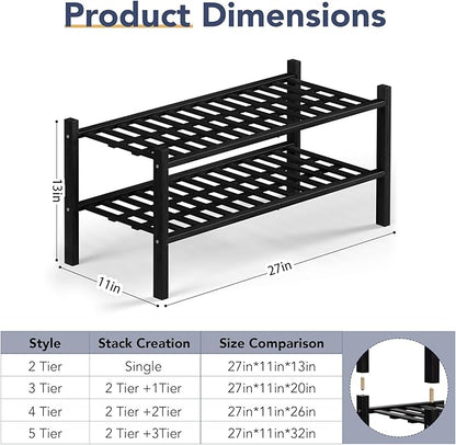 Haddockway 2 Tier Bamboo Shoe Rack Storage Organizer, Multifunctional Free Standing Stackable Shoe Shelf with Grid Panel for Closet,Hallway,Entryway,Small Space 27"x11"x13" (Black, 2 Tier)