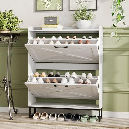 Maupvit Shoe Cabinet with 2 Flip Drawers, Freestanding Shoe Cabinet Organizer with Metal Legs, Shoes Storage Cabinet for Entryway, Narrow Shoe Rack Cabinet, White