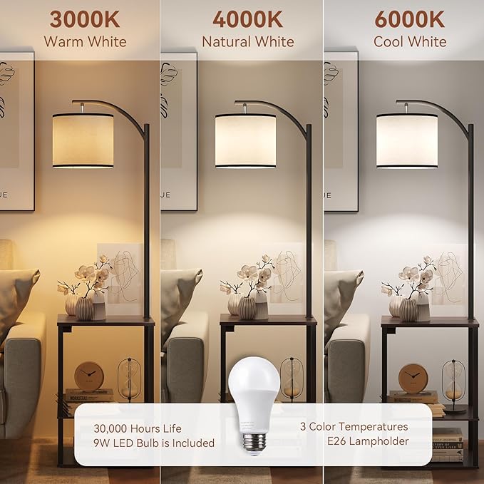 SUNMORY Floor Lamp with Table, End Table for Living Room with Lamp, Shelves Side Table with Charging Station(USB & AC Port), 3 Color Temperature LED Bulb, Modern Nightstand Lamp for Bedroom, Office