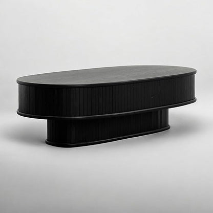 NTC Stream DOU Coffee Table, Modern Double-Layer Oval Wooden Center Table with Vertical Groove Design, Stylish Living Room Decor, Contemporary Minimalist Style, Easy Assembly - Burnt Black