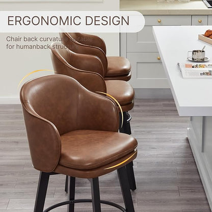 Counter Height Barstools 26 inch Upholstered Swivel Bar Stools with Back and Wood Legs for Kitchen Island,Set of 2,Brown PU Leather
