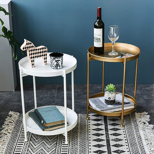 Tiita Round End Table Mental 2-Tier Side Table Nightstand/Small Iron Tables Accent Coffee Table for Living Room Bedroom Office Small Space