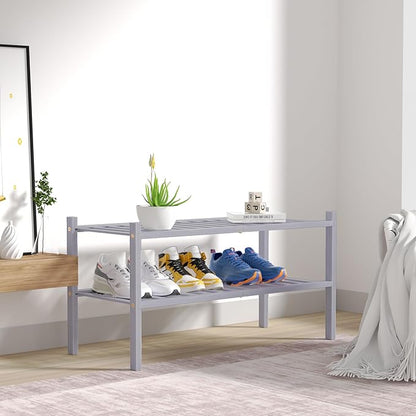 2 Tier Bamboo Shoe Rack for Closet Free Standing Wood Shoe Shelf for Entryway Small Space Stackable 27"x11"x13" (Grey)