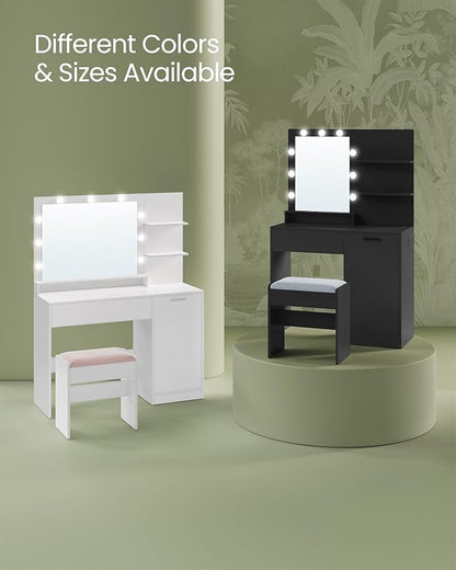 VASAGLE Vanity Desk with Mirror and Lights, 35.4-Inch Wide Makeup Vanity with Upholstered Vanity Stool, Power Outlets, Dimmable LED Lights, Storage Drawer, for Bedroom, Ink Black URDT128B01