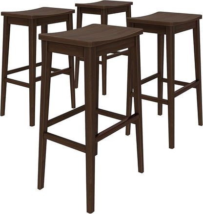 Plank+Beam Smythe Bar Stool, 30", Set of 4, Sturdy Wood Modern Kitchen Bar Height Stool, Saddle Seat Backless Bar Chair, Metal Footrest, Walnut