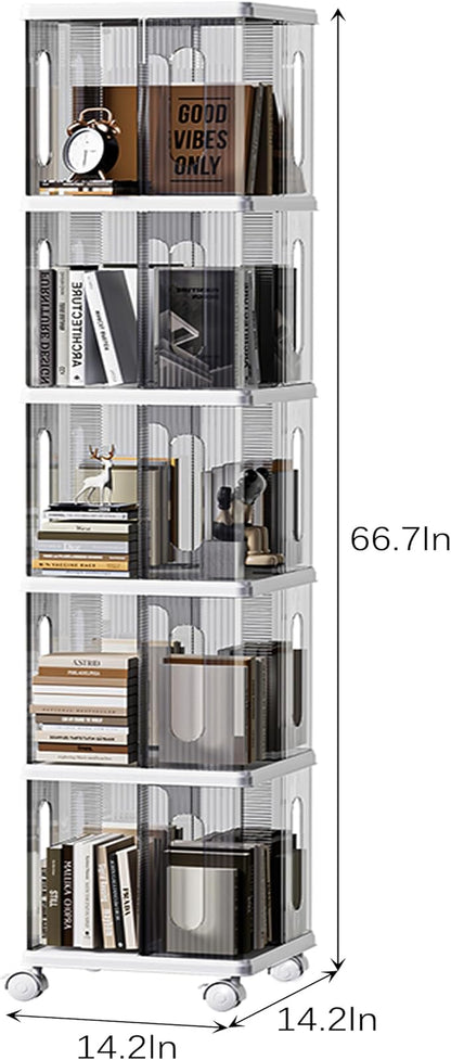 Rotating Bookshelf Tower, 360-Degree rotating bookshelves, Small Space Spinning Bookshelf with Wheels, Revolving Bookcase Suitable for Bedrooms, Living Rooms, Studies and Offices (Grey,5Tier)