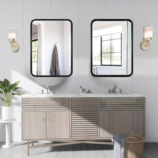 WallBeyond 18x24 Inch Wood Mirror for Bathroom, Wooden Frame Wall Mirror Farmhouse Wall Mounted Rectangle Mirror for Vanity (Horizontal/Vertical Black Color)