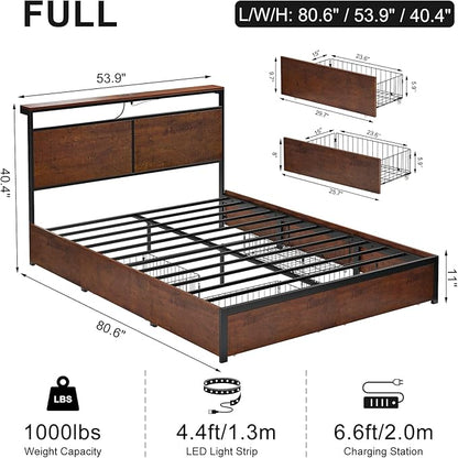 Full Bed Frame with Storage Headboard and 4 Drawers Bed Frame Full Size with Charging Station LED Lights Metal Platform Non-Slip Without Noise No Box Spring Needed