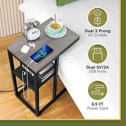 Yoobure C Shaped End Table with Charging Station, Small Side Table for Living Room, Bedroom, Sofa with USB Ports and Outlets for Small Spaces, C Couch Rustic Snack Bed Side Table